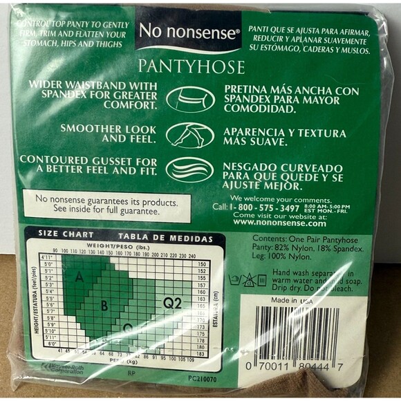 No Nonsense Control Top Nylon Pantyhose Q2 LOT 8 Tan Reinforced Toe Made in USA - Picture 4 of 4